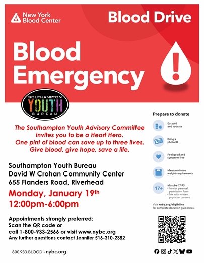 Blood Drive will be held Jan 19, 12PM-6PM, at Flanders Community Center