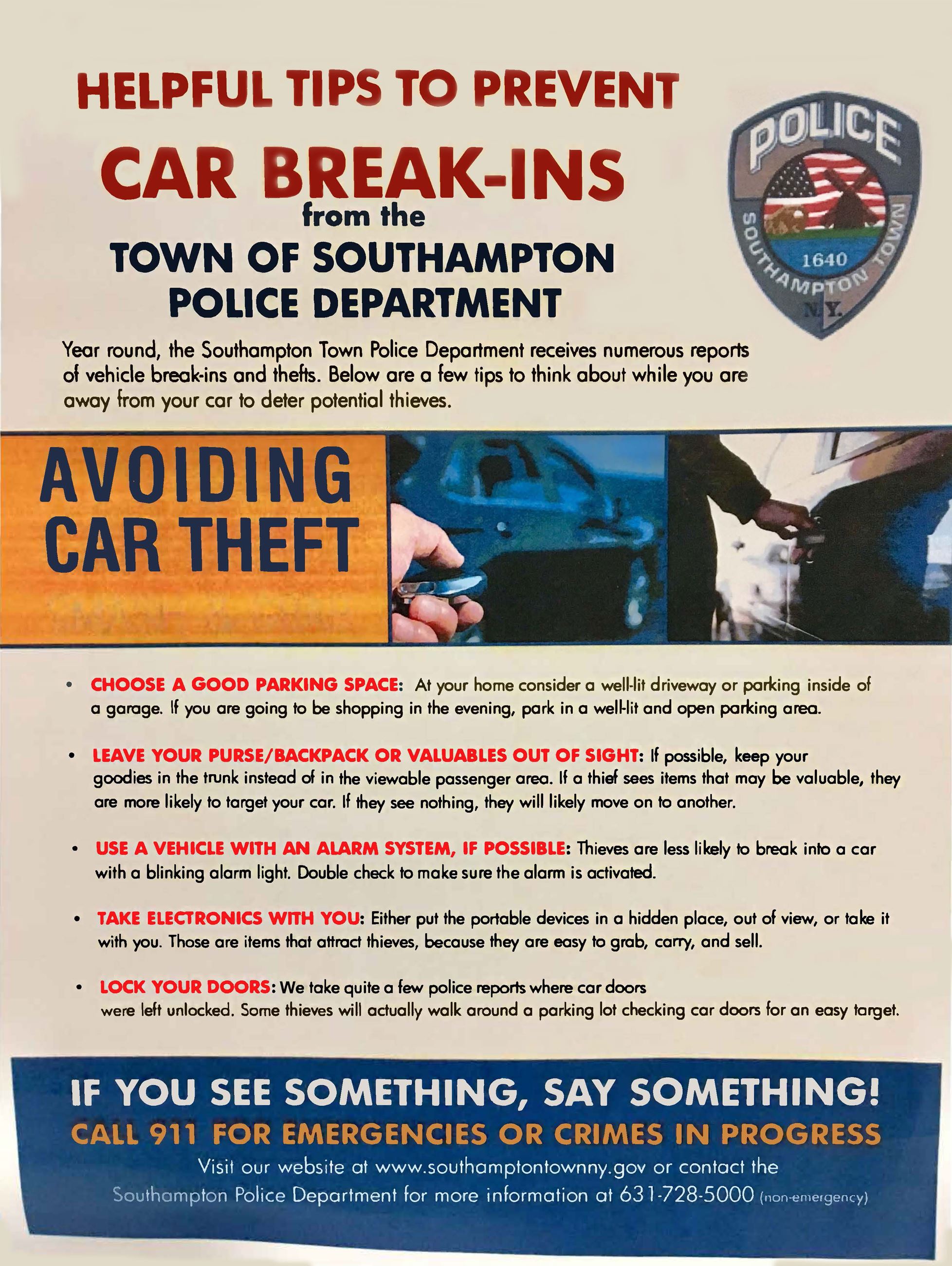 Car Break-Ins flyer from Southampton Town Police, large
