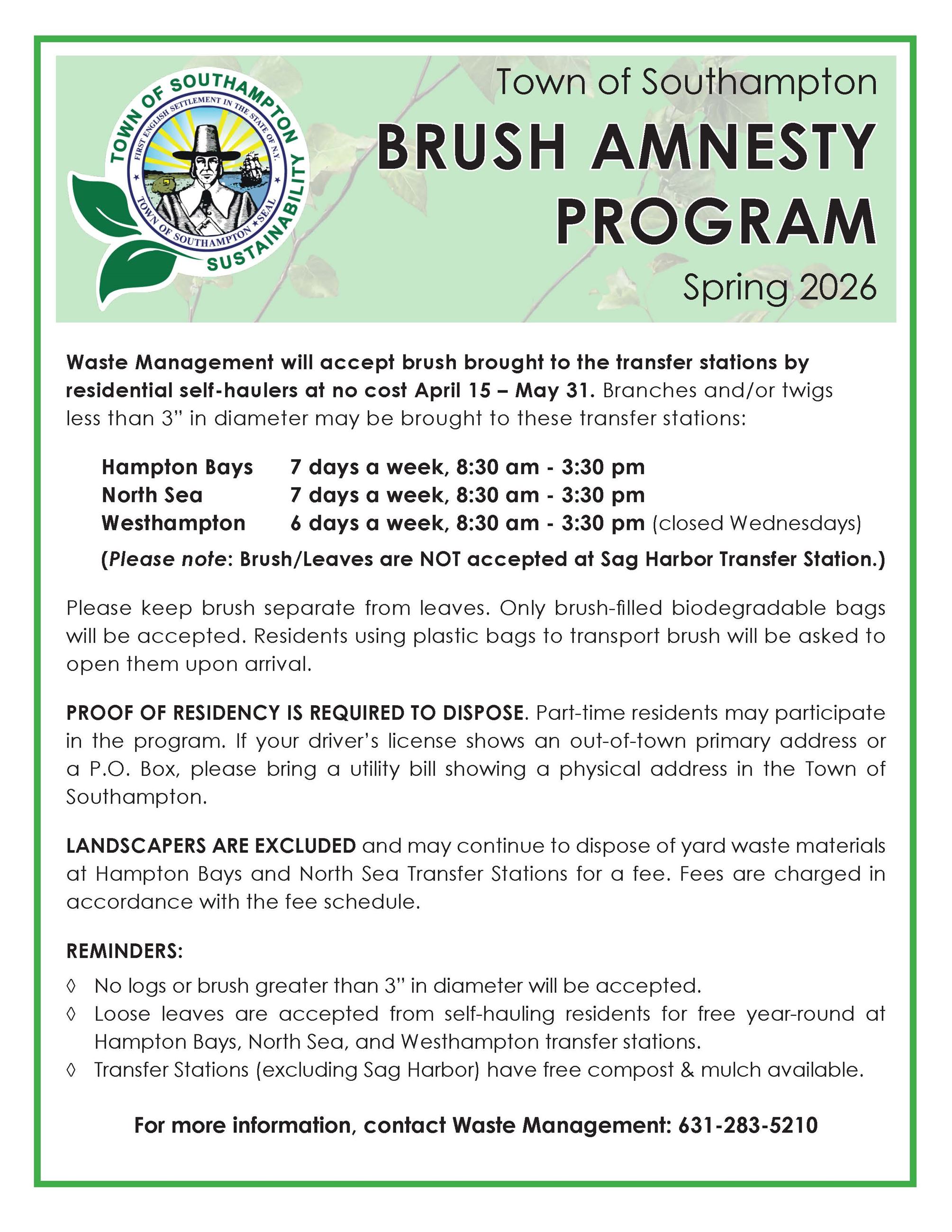 Brush Amnesty runs April 15 - May 31, 2026 at HB, Westhampton, and North Sea Transfer Stations